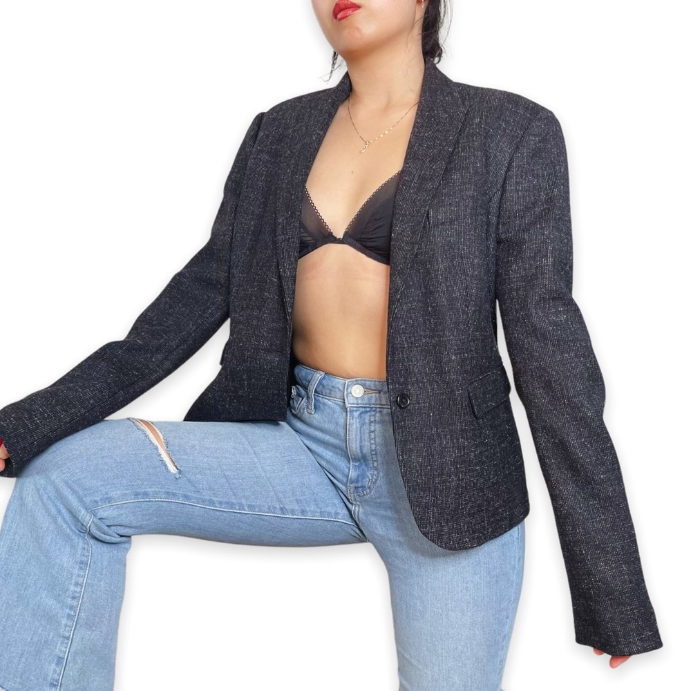 JOSEPH Heathered Black Wool Linen Blazer Size 44